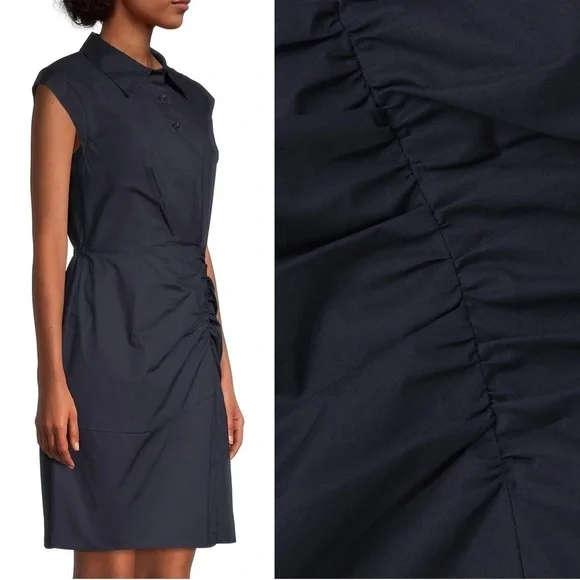 MILLY • Maxwell Ruched Poplin Shirtdress navy cap sleeve sheath dress fitted
